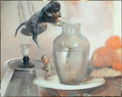 带花瓶的狗，2011 年（布面油画） 作者 尼古拉·普奇