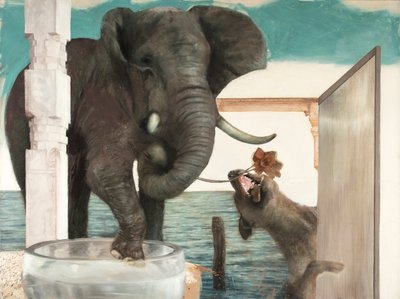 大象与狗，2011 年（布面油画） 作者 尼古拉·普奇