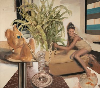 牵黄狗的女孩，2011 年（布面油画） 作者 尼古拉·普奇