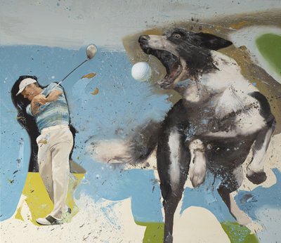 带着狗的高尔夫球手，2023 年（布面油画） 作者 尼古拉·普奇
