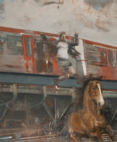 从火车上跳下，2017（布面油画） 作者 尼古拉·普奇