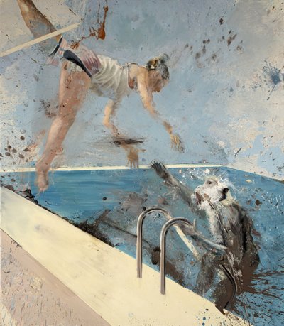 猴子与空中飞人，2021 年（布面油画） 作者 尼古拉·普奇