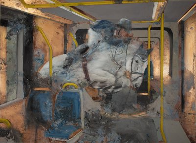 白马跳上火车，2023 年（铜板油画） 作者 尼古拉·普奇