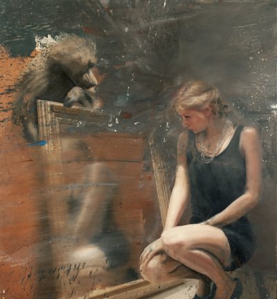 镜中的女人与狒狒，2019（布面油画） 作者 尼古拉·普奇