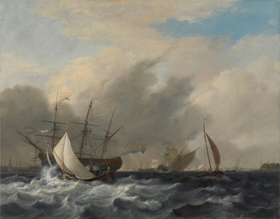 海军 "阿姆斯特丹 "号战列舰在阿姆斯特丹的 Westerlaag 号外海航行 作者 尼古拉斯·鲍尔（Nicolaas Baur）