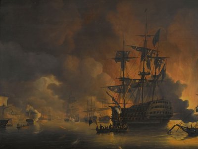 1816 年 8 月 27 日，英荷舰队开始轰炸后不久，阿尔及尔码头发生火灾
英荷舰队驻扎阿尔及尔湾期间的四个插曲，1816 年 8 月 26 日至 27 日（系列标题） 作者 尼古拉斯·鲍尔（Nicolaas Baur）