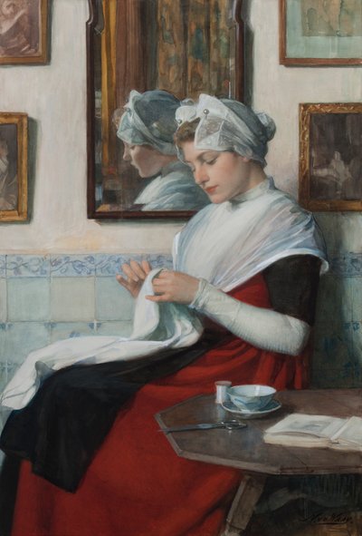 阿姆斯特丹孤儿女孩缝纫，1890年（wc铺在纸板上） 作者 尼古拉·范德瓦伊