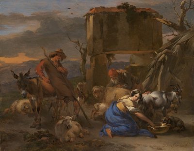 牧羊女挤奶的田园风光，166570。 作者 尼古拉斯·伯赫姆