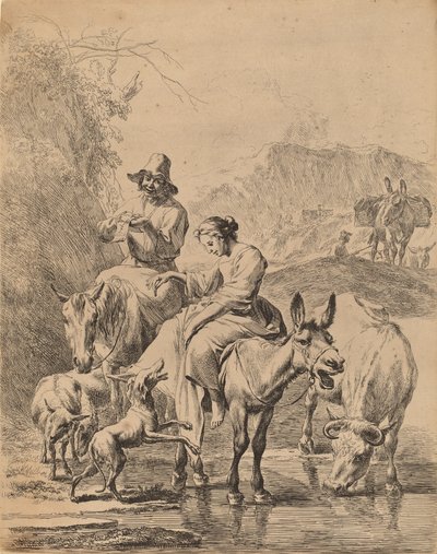 骑驴的牧羊女，1655年。 作者 尼古拉斯·伯赫姆