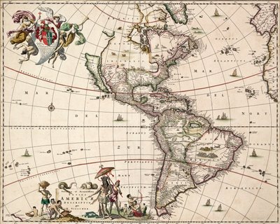 美洲地图，约 1671 年（彩色雕刻） 作者 尼古拉斯·扬斯 (1586 1652) 维舍尔