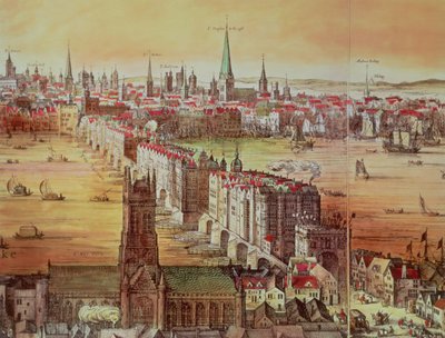 旧伦敦桥，详细信息来自&39;Vischer&39;s London&39;，17世纪（雕刻） 作者 尼古拉斯·詹斯·维舍