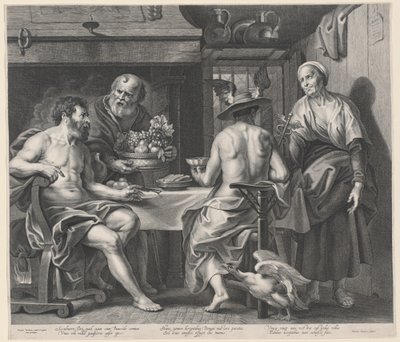 朱庇特和墨丘利与菲利蒙和鲍西斯的娱乐活动 作者 Nicolaes Lauwers，在 Jacob Jordaens 之后