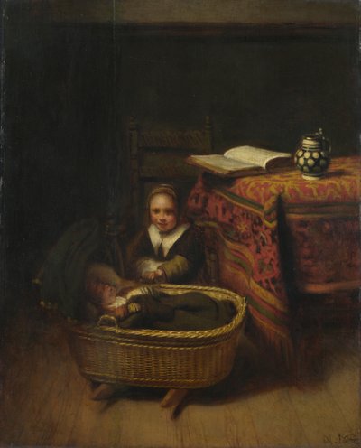 摇篮的小女孩，c。 1655 作者 尼古拉斯·梅斯（Nicolaes Maes）