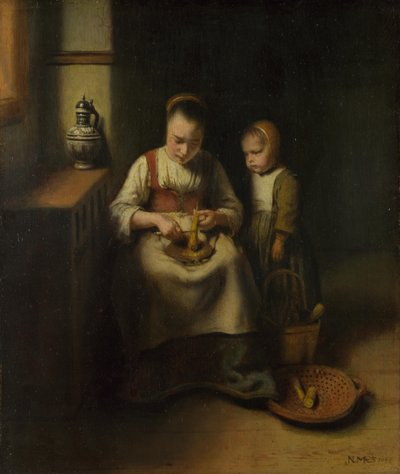1655年，一个女人在刮防风草，一个孩子站在她旁边 作者 尼古拉斯·梅斯（Nicolaes Maes）