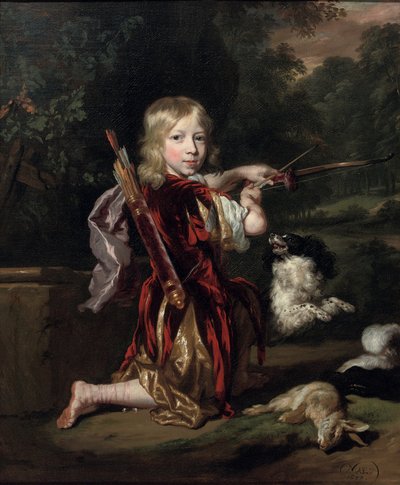 荷兰语：Portret van een onbekende jongen 男孩全身肖像，身着古典风格服装，正在拉弓 作者 尼古拉斯·梅斯（Nicolaes Maes）