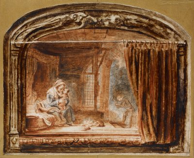 神圣家庭与约瑟夫切割木材，17世纪中叶 作者 尼古拉斯·梅斯（Nicolaes Maes）