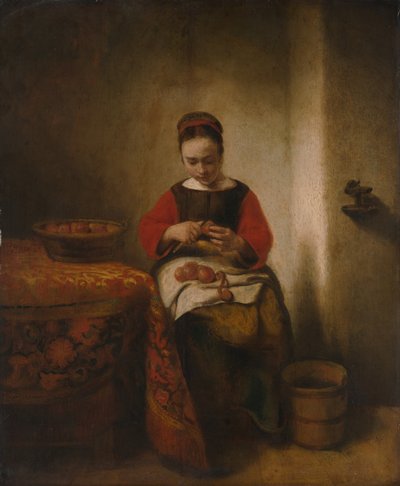少妇削皮苹果，ca。 1655。 作者 尼古拉斯·梅斯（Nicolaes Maes）
