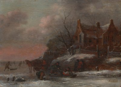 冬季景观，人物在结冰的河流上滑雪橇 作者 尼古拉（Nicolaes Molenaer）