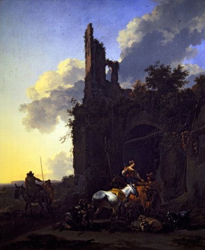 意大利风格的风景画，客栈外的农民 作者 尼古拉斯·彼得斯（Nicolaes Pietersz）。 Berchem