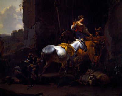 意大利风格的风景画，客栈外的农民 作者 尼古拉斯·彼得斯（Nicolaes Pietersz）。 Berchem