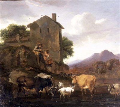 带着牛和羊的牧民 作者 尼古拉斯·彼得斯（Nicolaes Pietersz）。 Berchem