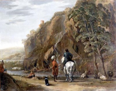 意大利风格的风景画，有人物和马在路上。 作者 尼古拉斯·彼得斯（Nicolaes Pietersz）。 Berchem