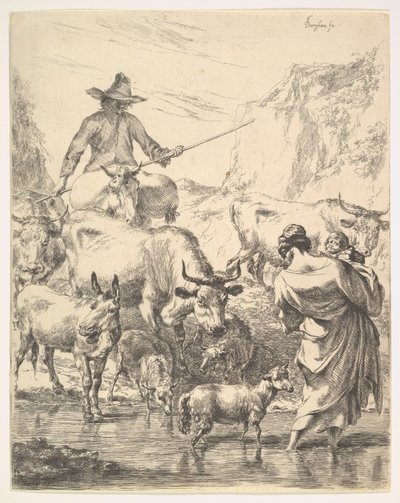 过河的牛群。 作者 尼古拉斯·彼得斯（Nicolaes Pietersz）。 Berchem