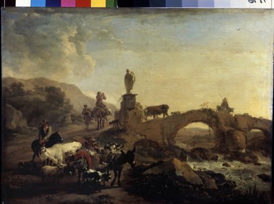 "Paysage italien au petit pont"（带小桥的意大利风景），老尼古拉（克莱斯）-彼得斯-贝尔赫姆（Nicolaes (Claes) Pietersz Berchem the Elder，1620-1683 年）绘制，1656 年 尺寸：44.5x61 厘米 圣彼得堡，冬宫博物馆 作者 尼古拉斯·彼得斯（Nicolaes Pietersz）。 Berchem