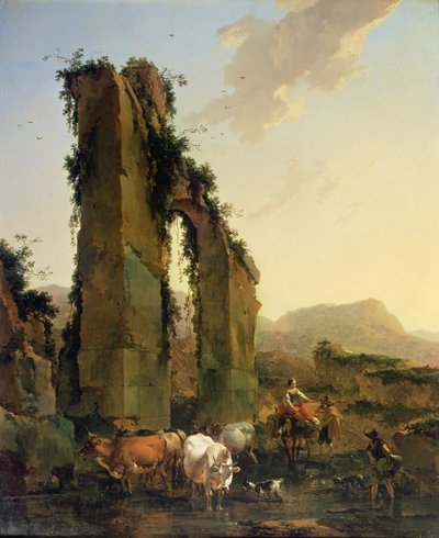 1655-60年，被破坏的渡槽带牛的农民（布面油画） 作者 尼古拉斯·彼得斯（Nicolaes Pietersz）。 Berchem