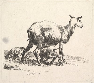 羊与羔羊护理。 作者 尼古拉斯·彼得斯（Nicolaes Pietersz）。 Berchem