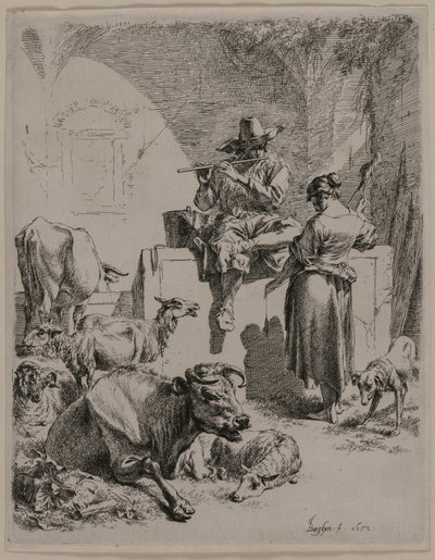 管道牧羊人，1652年。 作者 尼古拉斯·彼得斯（Nicolaes Pietersz）。 Berchem
