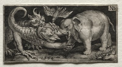 大象与两只野兽搏斗 作者 A.范朗德赛尔