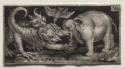 大象与两只野兽战斗，1594年。 作者 尼古拉斯·德·布鲁因