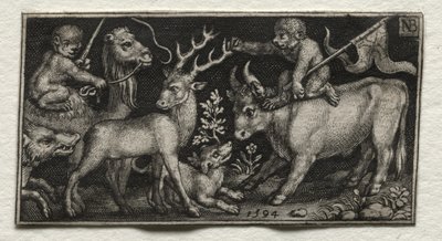 骑骆驼和公牛的猴子，1594年。 作者 尼古拉斯·德·布鲁因