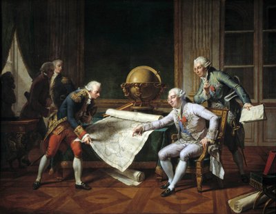 路易十六 (1754-1793)，法国国王，向拉佩鲁斯伯爵让-弗朗索瓦·加劳普 (Jean Francois Laperouse) 下达指示 作者 尼古拉斯·安德烈·蒙西奥