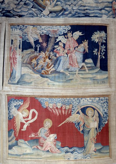 悬挂的《启示录》（1373-1383），第24页：第五号喇叭：一把钥匙释放了蚱蜢。下面，第27页，书中的天使出现在圣约翰面前，他将神圣的信息抄写在七声号角声中。尼古拉-巴蒂尔的挂毯 (133) 作者 尼古拉斯·巴塔耶（Nicolas Bataille）