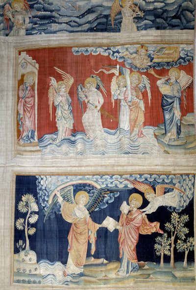 悬挂的《启示录》（1373-1383），第25页：第六次号角，幼发拉底河的天使们。下面，第28页，天使将书交给圣约翰，他吞下了这本书。尼古拉-巴泰尔（1330-1405）的挂毯 作者 尼古拉斯·巴塔耶（Nicolas Bataille）