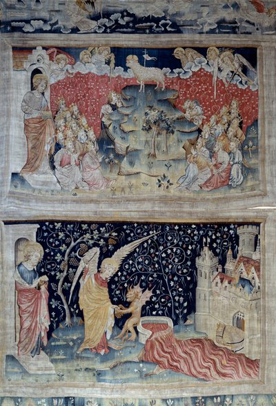 悬挂的《启示录》（1373-1383），第47页：锡安山上的羔羊。下面，第55页，天使拿起地上的葡萄，倒入上帝愤怒的大缸中，大缸溢出，鲜血飞溅。尼古拉-巴泰尔（1330-1405）的挂毯 作者 尼古拉斯·巴塔耶（Nicolas Bataille）