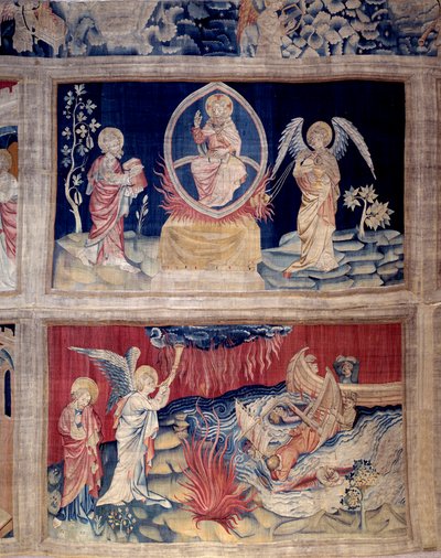 启示录的帷幕（1373 - 1383），第15和18号：上帝和圣约翰看到灾难时哭泣。尼古拉-巴泰尔（1330-1405）的挂毯 作者 尼古拉斯·巴塔耶（Nicolas Bataille）
