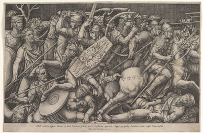 罗马士兵与达契亚人作战，战斗场景在浅水区，有马和角...，1553年。 作者 尼古拉斯·贝阿特丽泽