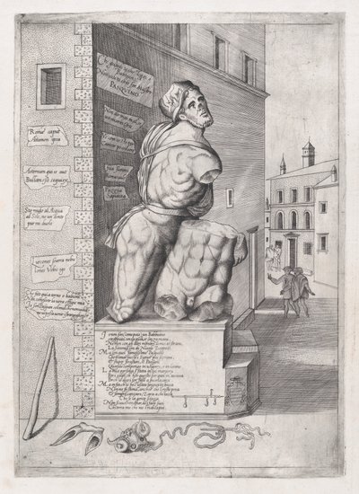 Speculum Romanae Magnificentiae：红衣主教乌尔西诺家中的帕斯金雕像......，16世纪。 作者 尼古拉斯·贝阿特丽泽