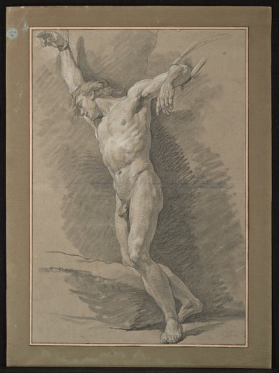 双臂被绳索捆绑的裸体男子的画像（灰纸上的黑白粉笔画） 作者 尼古拉斯·伯纳德·莱皮西