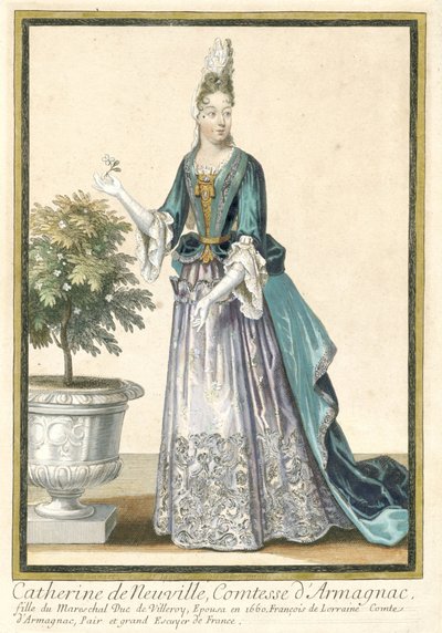 法国版画传播法国时尚：阿马尼亚克伯爵夫人凯瑟琳·德·诺维尔的肖像 雅文邑伯爵夫人凯瑟琳·德·诺维尔 (Catherine de Neuville) 的着装遵循法国时尚风格。 1685 作者 罗伯特·波纳特