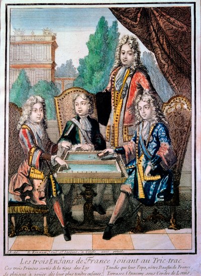 路易十四（1638-1715）的孙子，勃艮第公爵路易（1712年去世），安茹公爵菲利普（1683-1746），以及贝里公爵查尔斯与他们的父亲，法国的海豚路易（1711年去世），在玩tric trac（Trictrac或Trictrac：backga的祖先。 作者 尼古拉斯·波纳特（Nicolas Bonnart）