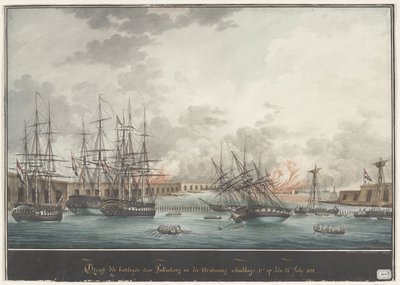 1821 年 7 月 24 日中午至 12 时胜利后巴伦邦外海炮台的景色（标题见实物） 作者 尼古拉斯·坎米列里（Nicolas Cammillieri）