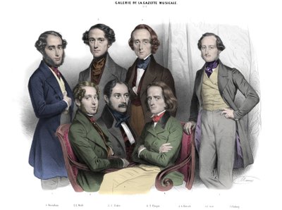 Galerie de la Gazette musice N. 2. 1842 年的名人：弗雷德里克·肖邦 (1810-1849) 弗朗茨·李斯特 (1811-1886)、雅各布 (Jakob, Jacques) Rosenhain、爱德华·沃尔夫、西吉斯蒙德·塔尔伯格、阿道夫·冯·泰奥多尔 (Theodore)多勒 (1814-1856)。 尼古拉斯雕刻 作者 Nicolas Eustache Maurin