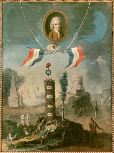革命寓言：瑞士哲学家让·雅克·卢梭（Jean Jacques Rousseau）（1712-1778 年）的肖像，带有革命的象征。 Nicolas Henri Jeurat De Bertry 的绘画（1728-ap. 1796） 作者 尼古拉斯·亨利（Nicolas Henri Jeaurat de Bertry）