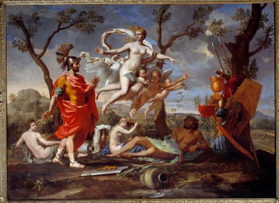 尼古拉斯·普桑 (Nicolas Poussin) (1594-1665) 1639 年的 Venus Armant Enee 绘画。 1.07x1.46 米鲁昂，美术博物馆 作者 尼古拉斯·普桑（Nicolas Poussin）