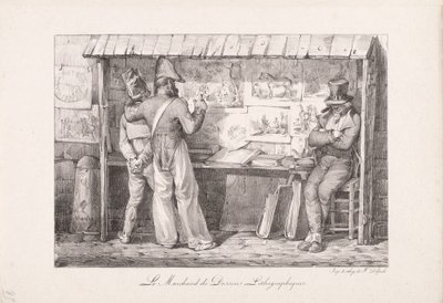 卖石版画的人》（Le Marchand de dessins lithographiques）。 作者 亚历山大·加布里埃尔（后）Decamps