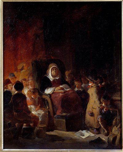 学校老师 一位老老师在学生中间睡着了。 Nicolas Toussaint Charlet (1792-1845) 的画作，19 世纪 0.46 X 0.37 m 鲁昂，Musee des Beaux Arts 作者 亚历山大·加布里埃尔（后）Decamps